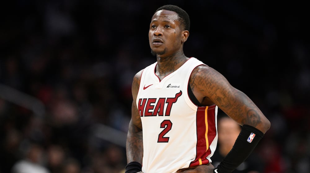 FILE - Miami Heat guard Terry Rozier (2) looks on during the second half of an NBA basketball game against the Washington Wizards, March 31, 2024, in Washington. (AP Photo/Nick Wass, File)