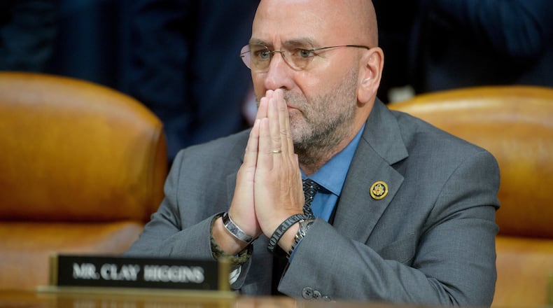 FILE - Rep. Clay Higgins, R-La., listens to witnesses at the first public hearing of a bipartisan congressional task force investigating the assassination attempts against Republican presidential nominee former President Donald Trump, on Capitol Hill in Washington, Sept. 26, 2024. (AP Photo/Rod Lamkey, Jr., File)