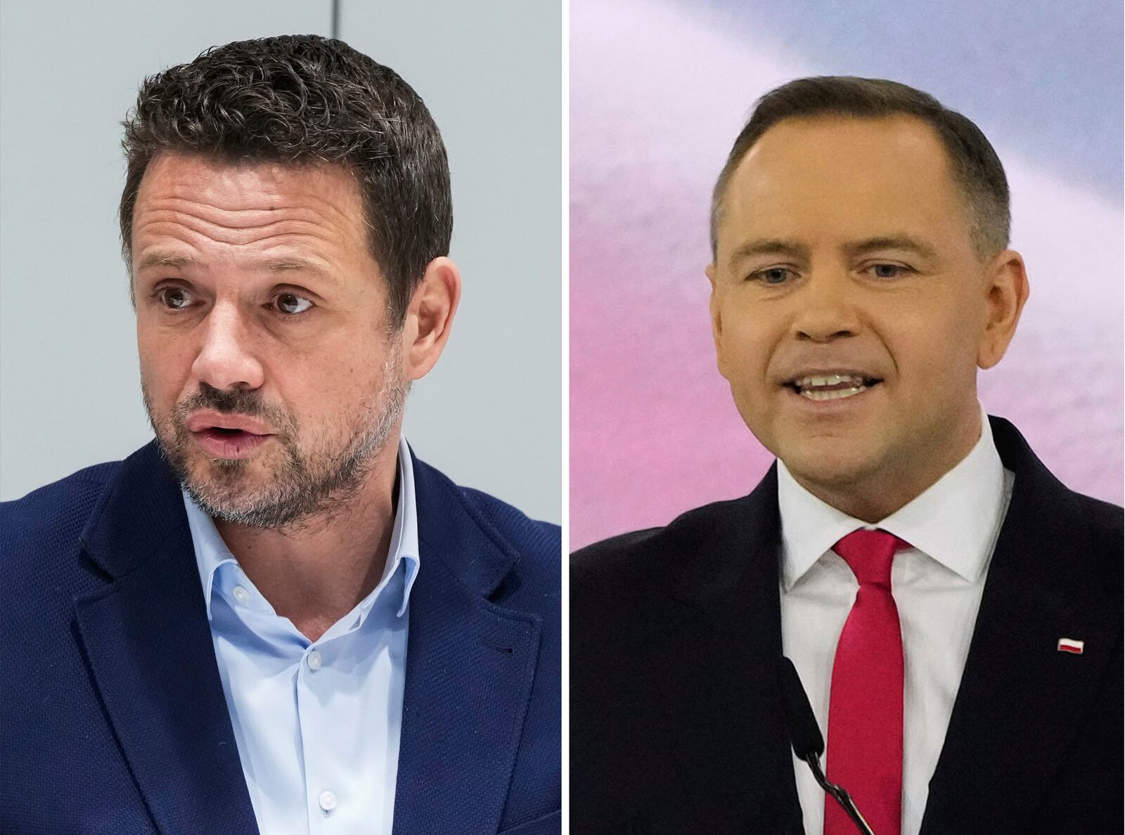 This combination of photos shows Warsaw Mayor Rafal Trzaskowski, left, in Warsaw, Poland, on March 14, 2022 and Karol Nawrocki in Szeligi near Warsaw, Poland, on March 2, 2025. (AP Photo/Czarek Sokolowski, File)