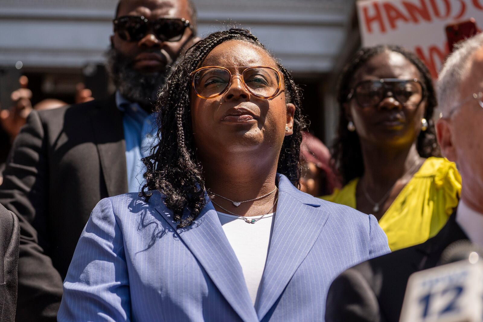 Rep. LaMonica Mclver (D-10th) attends a press conference with her supporters outside a federal court Wednesday, June 25, 2025, in Newark, N.J. (AP Photo/Yuki Iwamura)