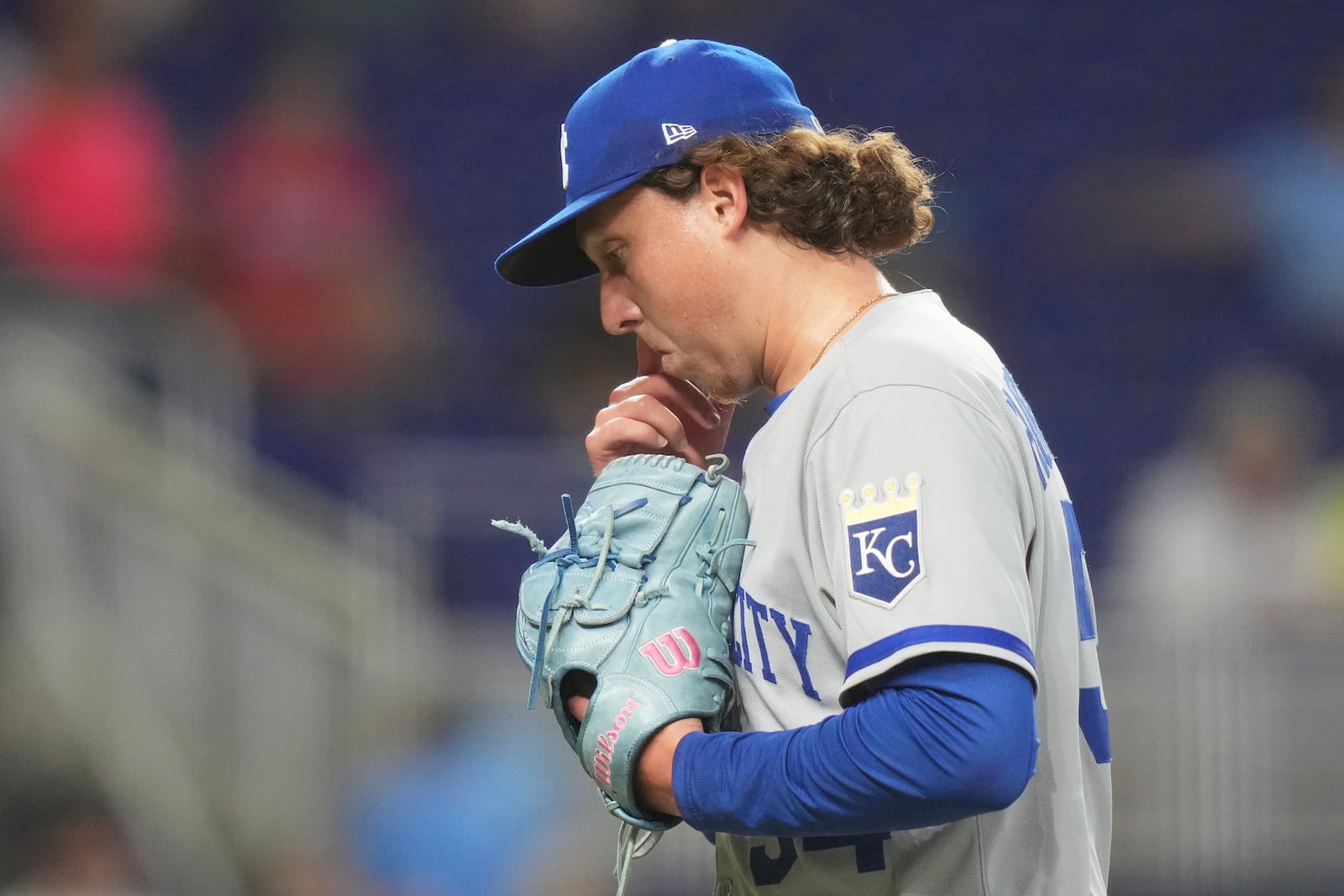 Kansas City Royals relief pitcher Andrew Hoffmann walks from the mound after being relieved during the ninth inning of a baseball game against the Miami Marlins, Sunday, July 20, 2025, in Miami. (AP Photo/Lynne Sladky)