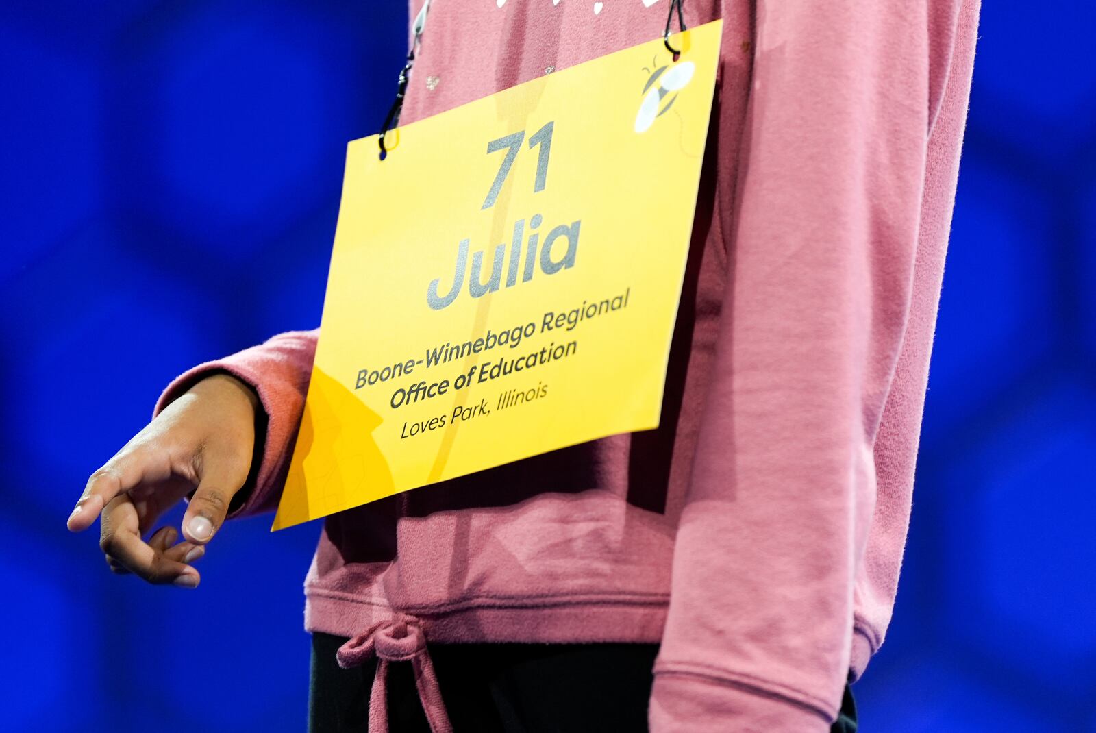 Julia Ann Kurien, 14, of Loves Park, Ill., spelt with her finger while competing during the first preliminary round of the Scripps National Spelling Bee, Tuesday, May 27, 2025, in Oxon Hill, Md. (AP Photo/Julia Demaree Nikhinson)