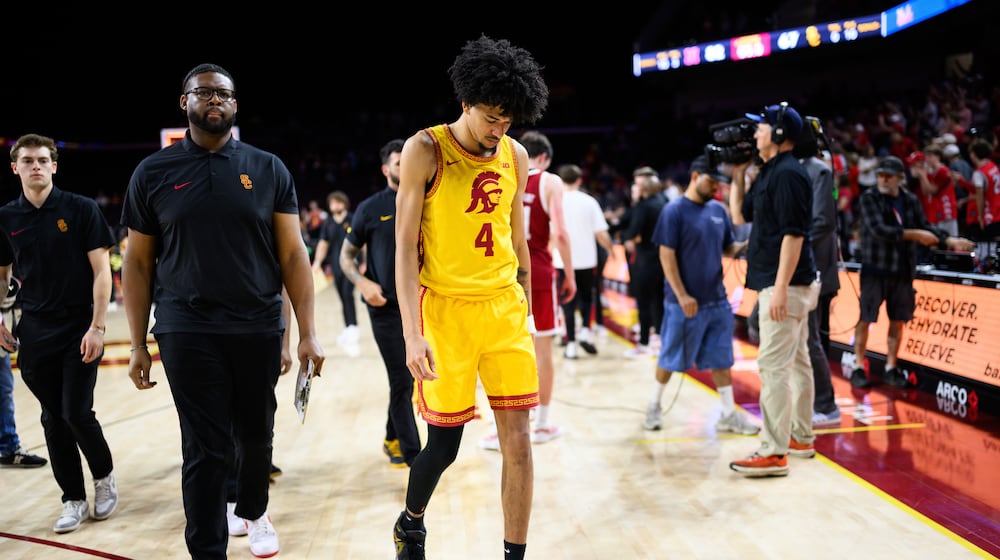 Southern California forward Chad Baker-Mazara (4) leaves the court after an NCAA college basketball game against Nebraska, Saturday, Feb. 28, 2026, in Los Angeles. (AP Photo/William Liang)