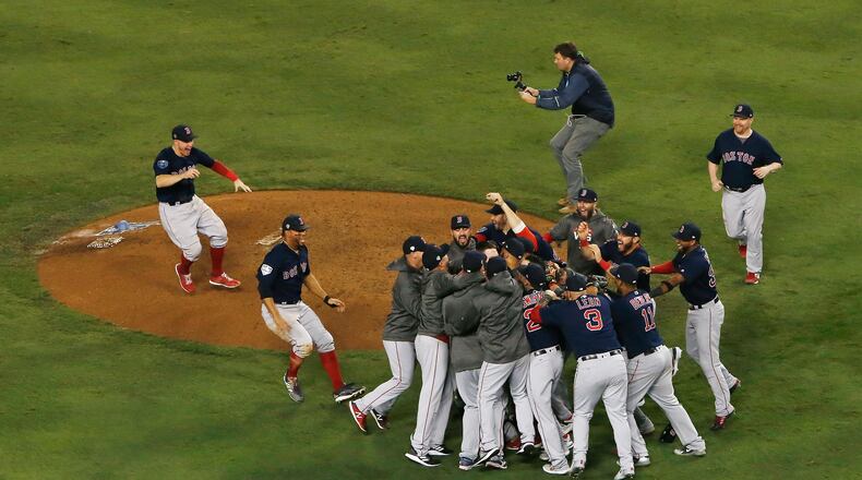 LOS ANGELES, CA - OCTOBER 28: The Boston Red Sox celebrate their 5-1 win over the Los Angeles Dodgers in Game Five to win the 2018 World Series at Dodger Stadium on October 28, 2018 in Los Angeles, California. (Photo by Jeff Gross/Getty Images) ***BESTPIX***