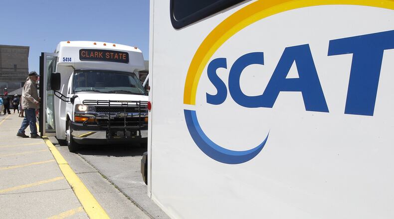 Passengers board the SCAT buses at the central hub in downtown Springfield in 2017.