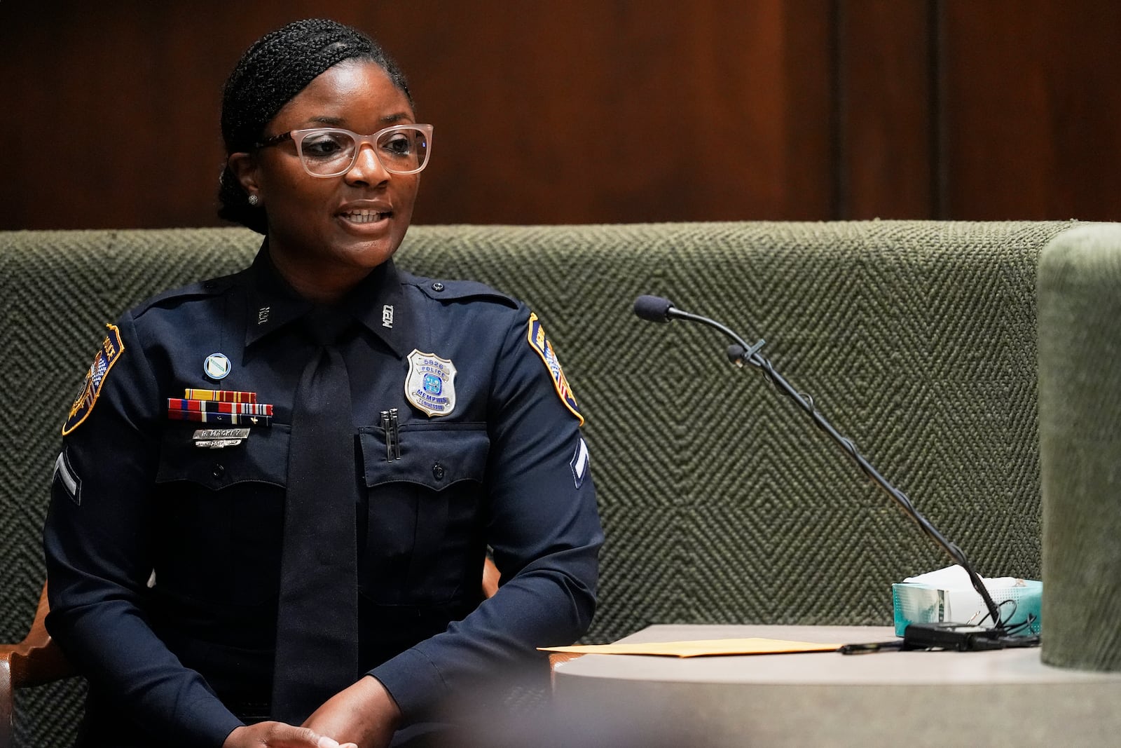 Memphis Police Officer Rodresha Mackey testifies during the trial of three former police officers accused in the 2023 fatal beating of Tyre Nichols, Wednesday, April 30, 2025, in Memphis, Tenn. (AP Photo/George Walker IV, Pool)