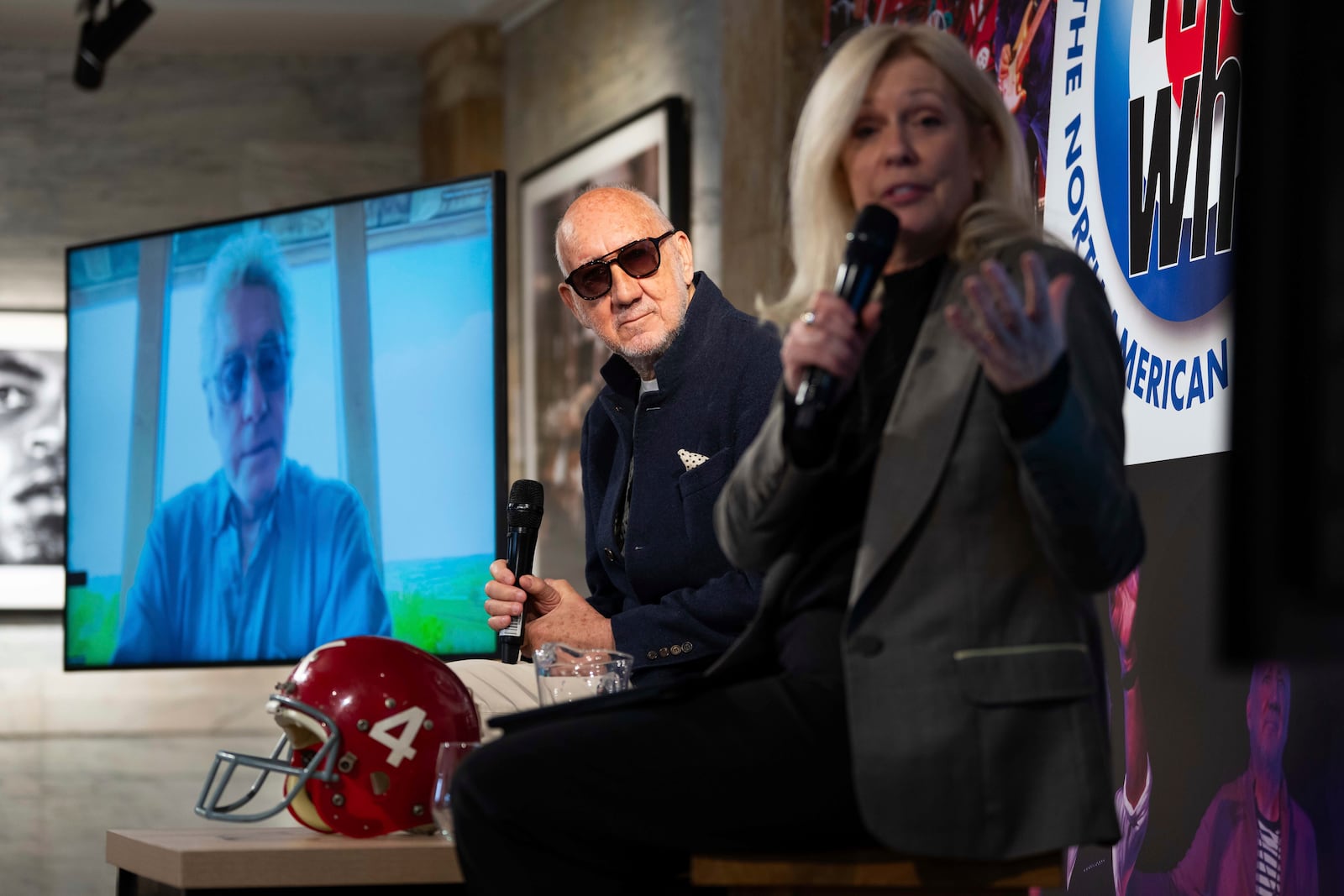 Roger Daltrey, left, Pete Townshend and Claire Sturgess during the announcement of ' The Who: The Song Is Over, The North American Farewell Tour' on Thursday, May 9, 2025, in London. (Photo by Scott A Garfitt/Invision/AP)