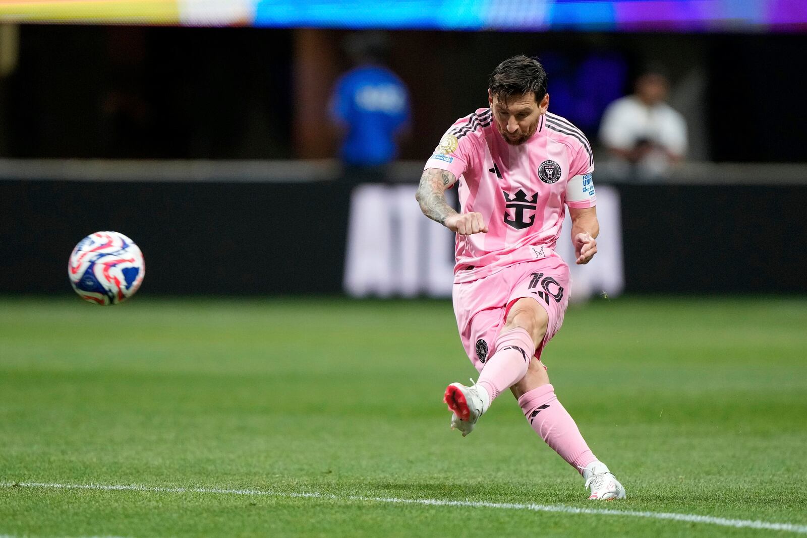 Inter Miami's Lionel Messi scores his side's second goal during the Club World Cup group A soccer match between Inter Miami and FC Porto in Atlanta, Thursday, June 19, 2025. (AP Photo/Brynn Anderson)