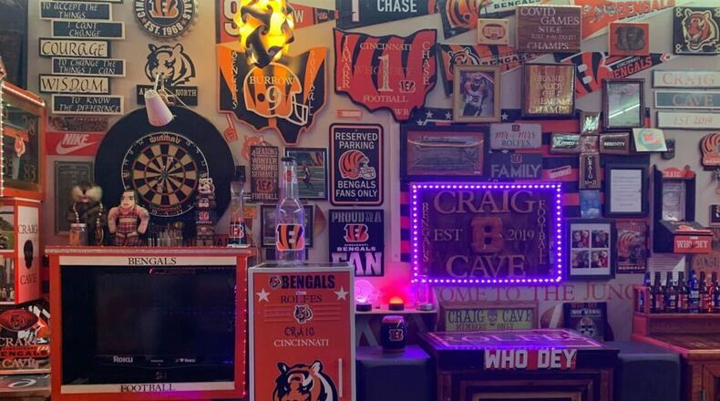 Franklin resident Craig Rolfes started working on his Bengals garage project around 2019. The garage is complete with a “Joe Mixon clock” and a “Joe Burrow bar.” WCPO/CONTRIBUTED