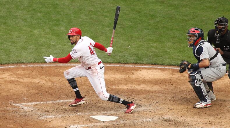 The Reds’ Billy Hamilton lines out to end a game against the Cardinals on Sunday, April 15, 2018, at Great American Ball Park in Cincinnati. David Jablonski/Staff