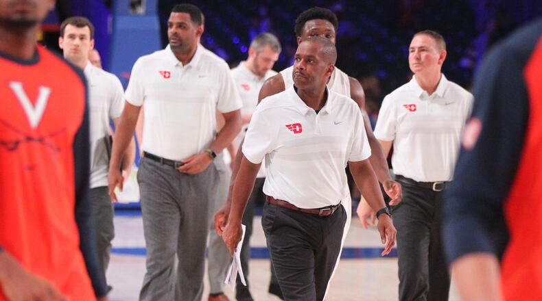 Dayton assistant coach Anthony Solomon leaves the court after a loss to Virginia in the semifinals of the Battle 4 Atlantis on Thursday, Nov. 22, 2018, at Imperial Gym on Paradise Island, Bahamas.