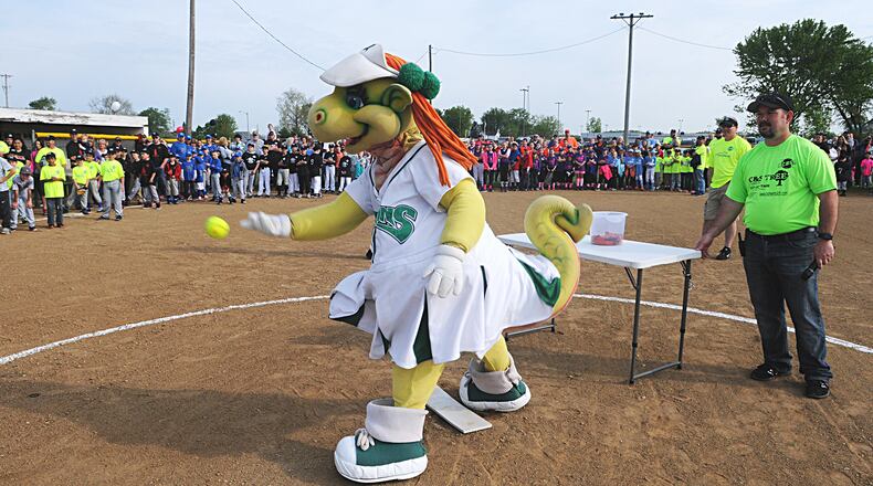 Gem, one of the mascots for the Dayton Dragon baseball team, helped kick off the softball season in New Carlisle a few years ago. Staff photo/Marshall Gorby