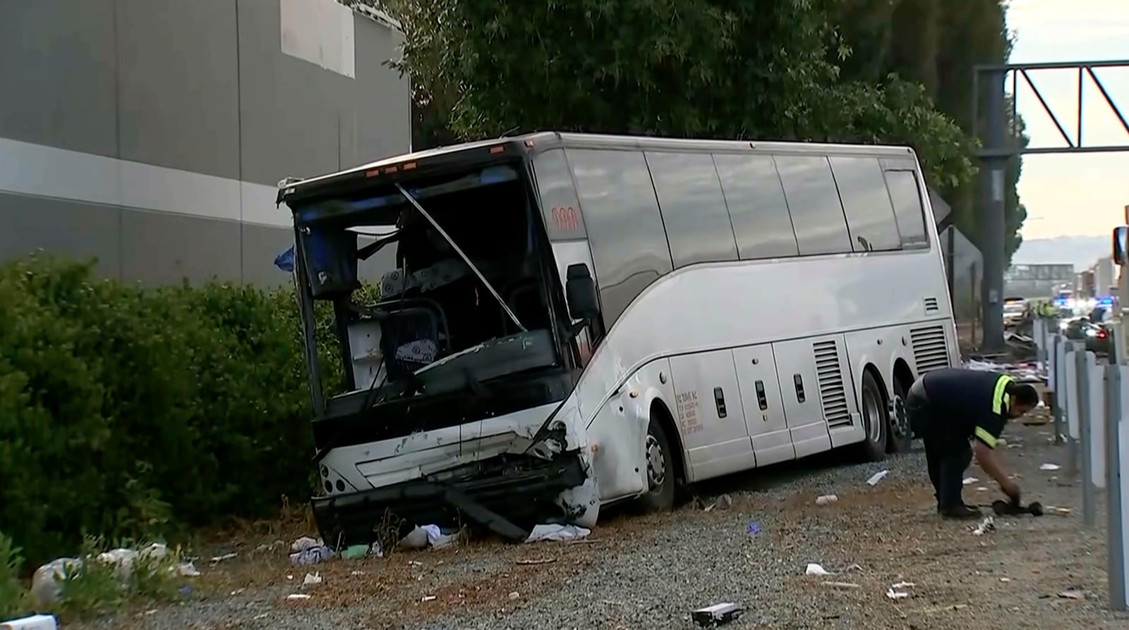 This image provided by KABC-TV shows a crashed tour bus after colliding with a sport utility vehicle, Sunday, May 11, 2025 in Los Angeles. (KABC-TV via AP)