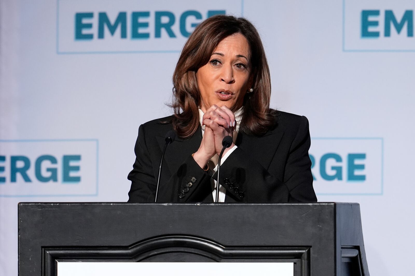 Former Vice President Kamala Harris delivers the keynote speech at the Emerge 20th Anniversary Gala in San Francisco, Wednesday, April 30, 2025. (AP Photo/Godofredo A. Vásquez)