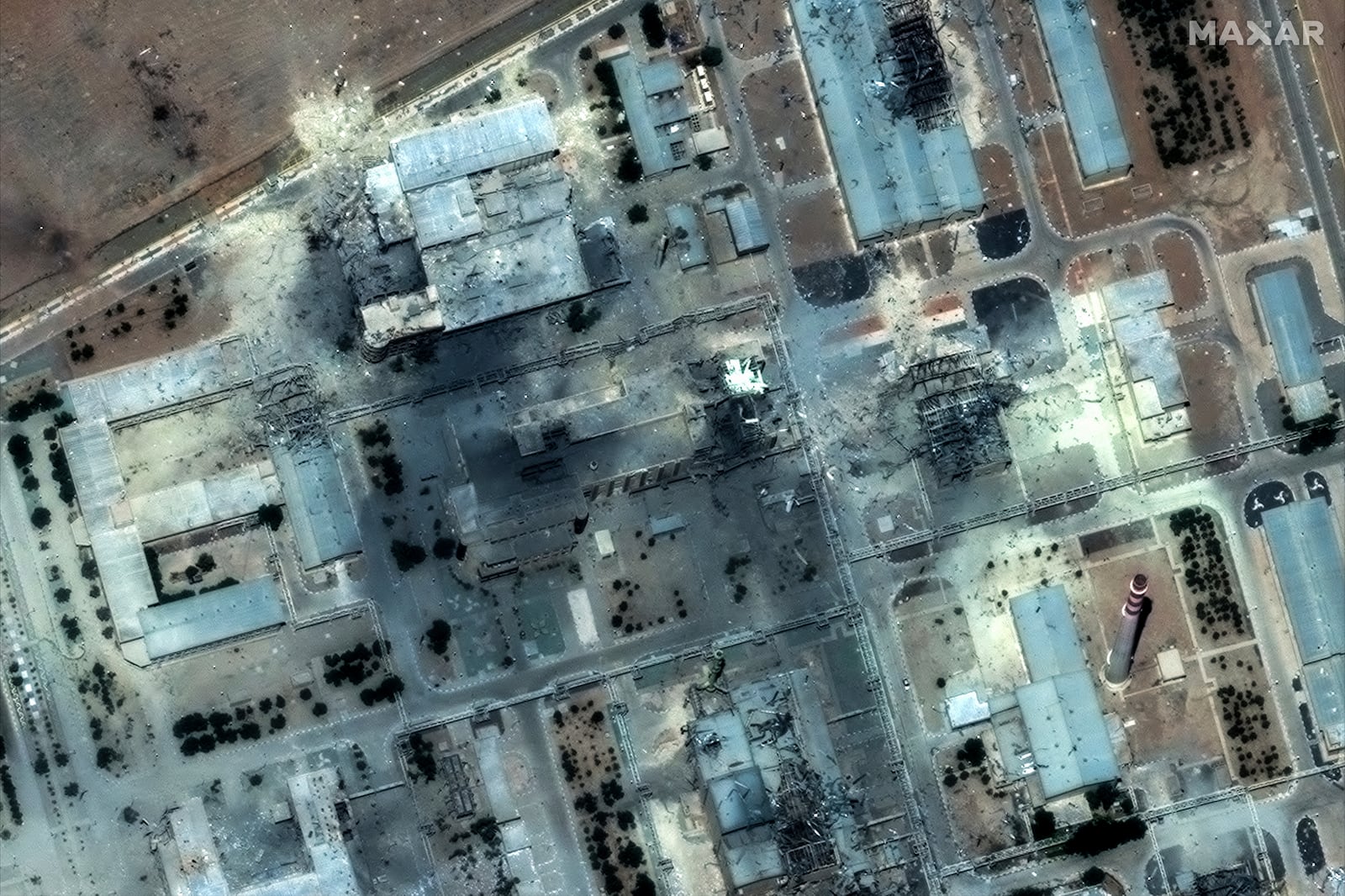 This satellite image provided by Maxar Technologies shows a close view of the Isfahan nuclear technology in Iran after U.S. strikes, Sunday, June 22, 2025. (Maxar Technologies via AP)