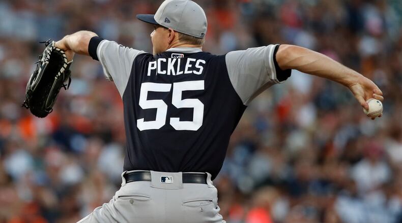 BALTIMORE, MD - AUGUST 25: Starting pitcher Sonny Gray #55 of the New York Yankees pitches in the first inning against the Baltimore Orioles during game two of a doubleheader at Oriole Park at Camden Yards on August 25, 2018 in Baltimore, Maryland. All players across MLB will wear nicknames on their backs as well as colorful, non-traditional uniforms featuring alternate designs inspired by youth-league uniforms during Players Weekend. (Photo by Patrick McDermott/Getty Images)