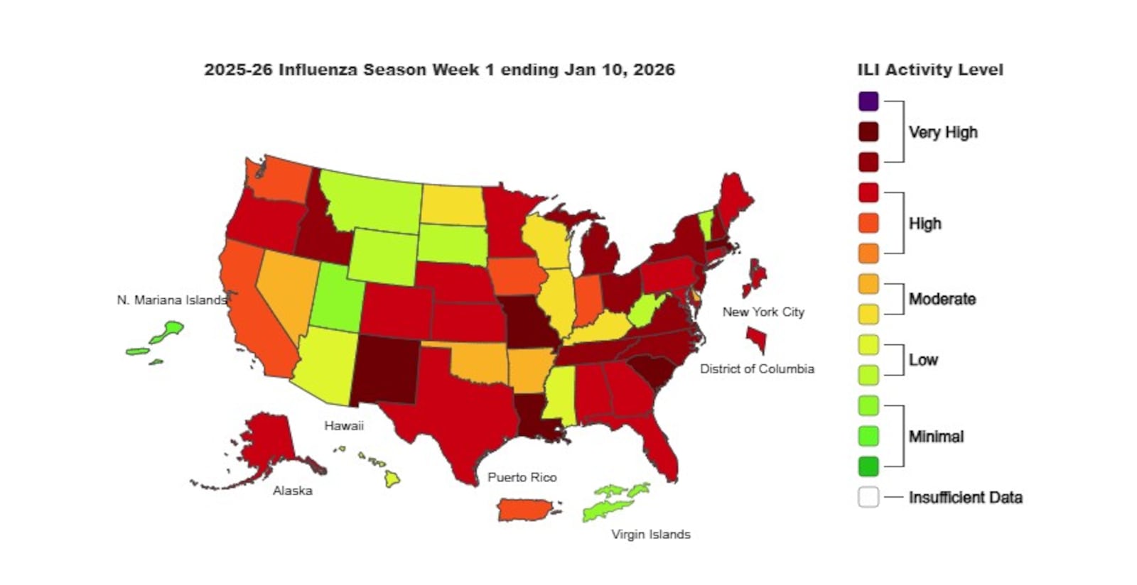 This is the weekly Outpatient Respiratory Illness Activity map from the CDC, for the week ending Jan 10, 2026.