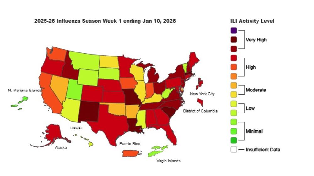 This is the weekly Outpatient Respiratory Illness Activity map from the CDC, for the week ending Jan 10, 2026.