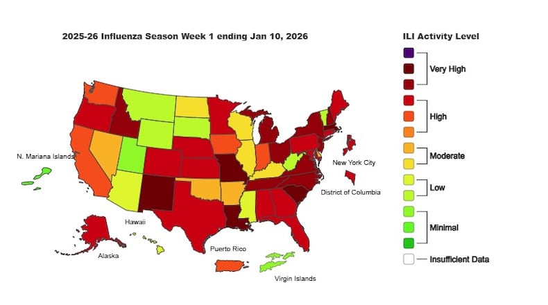 This is the weekly Outpatient Respiratory Illness Activity map from the CDC, for the week ending Jan 10, 2026.
