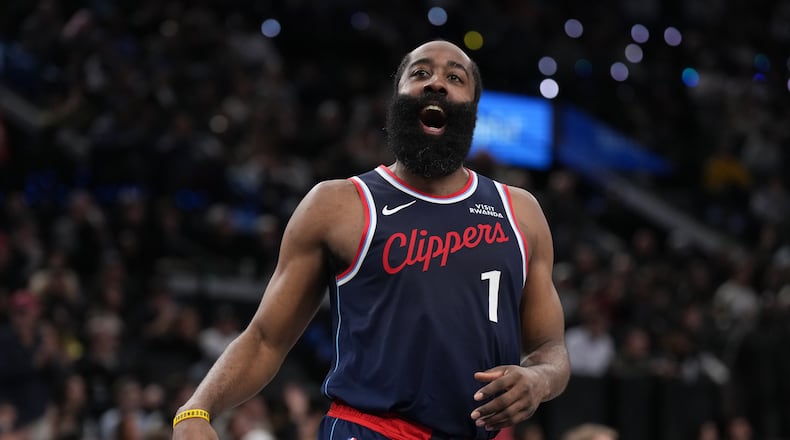 Los Angeles Clippers guard James Harden (1) celebrates his three-point basket during the second half of an NBA basketball game against the Charlotte Hornets Monday, Jan. 12, 2026, in Inglewood, Calif. (AP Photo/Jae C. Hong)