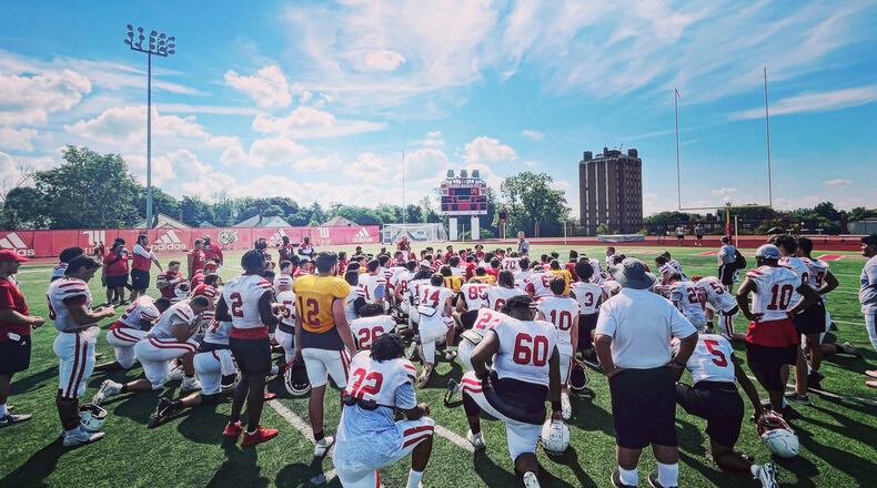 Wittenberg's Jim Collins talks to the team after practice on Thursday, Aug. 18, 2022, at Edwards-Maurer Field in Springfield. David Jablonski/Staff