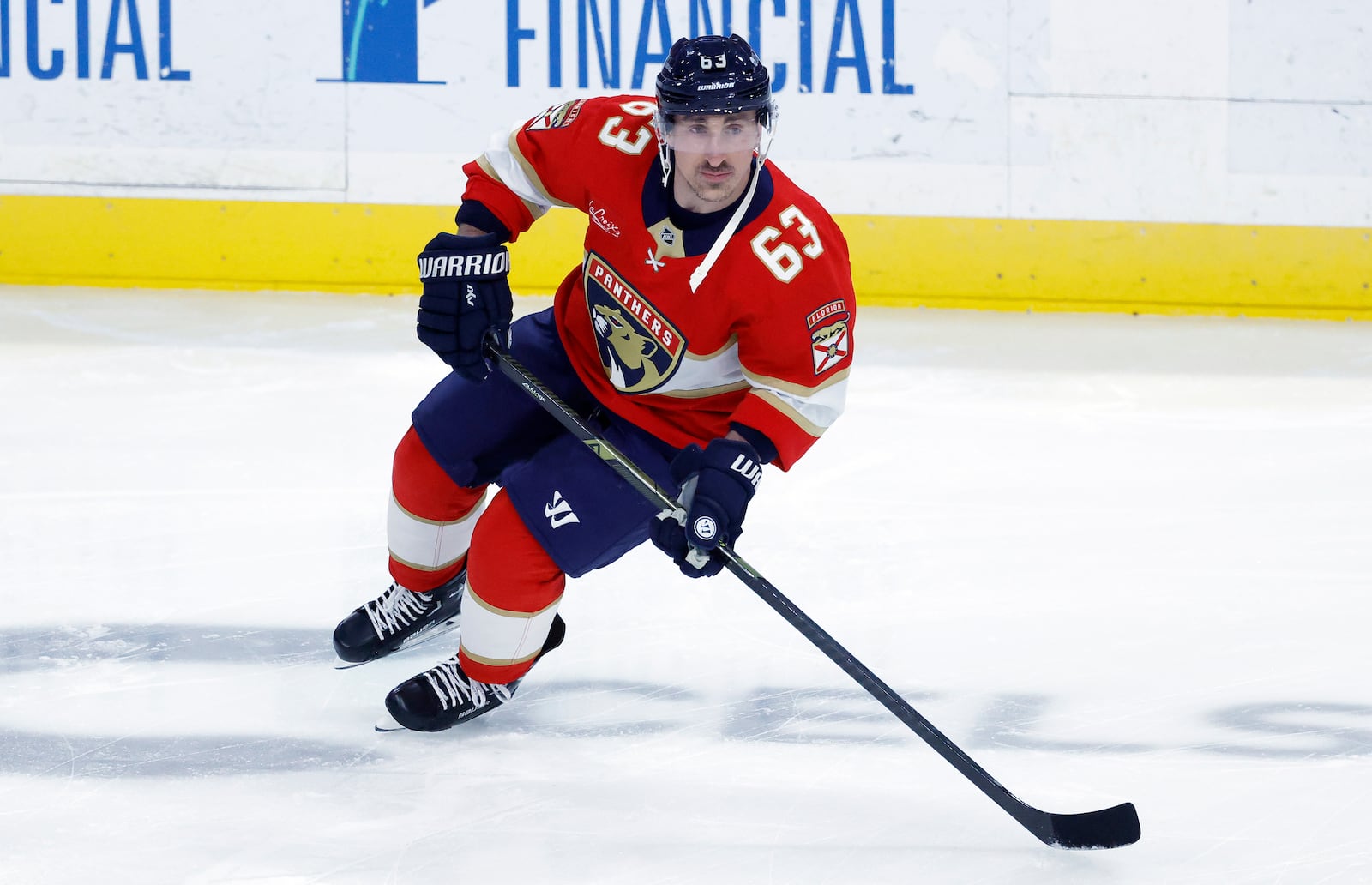 Florida Panthers center Brad Marchand warms up before an NHL hockey game against the Utah Hockey Club Friday, March 28, 2025, in Sunrise, Fla. (AP Photo/Rhona Wise)