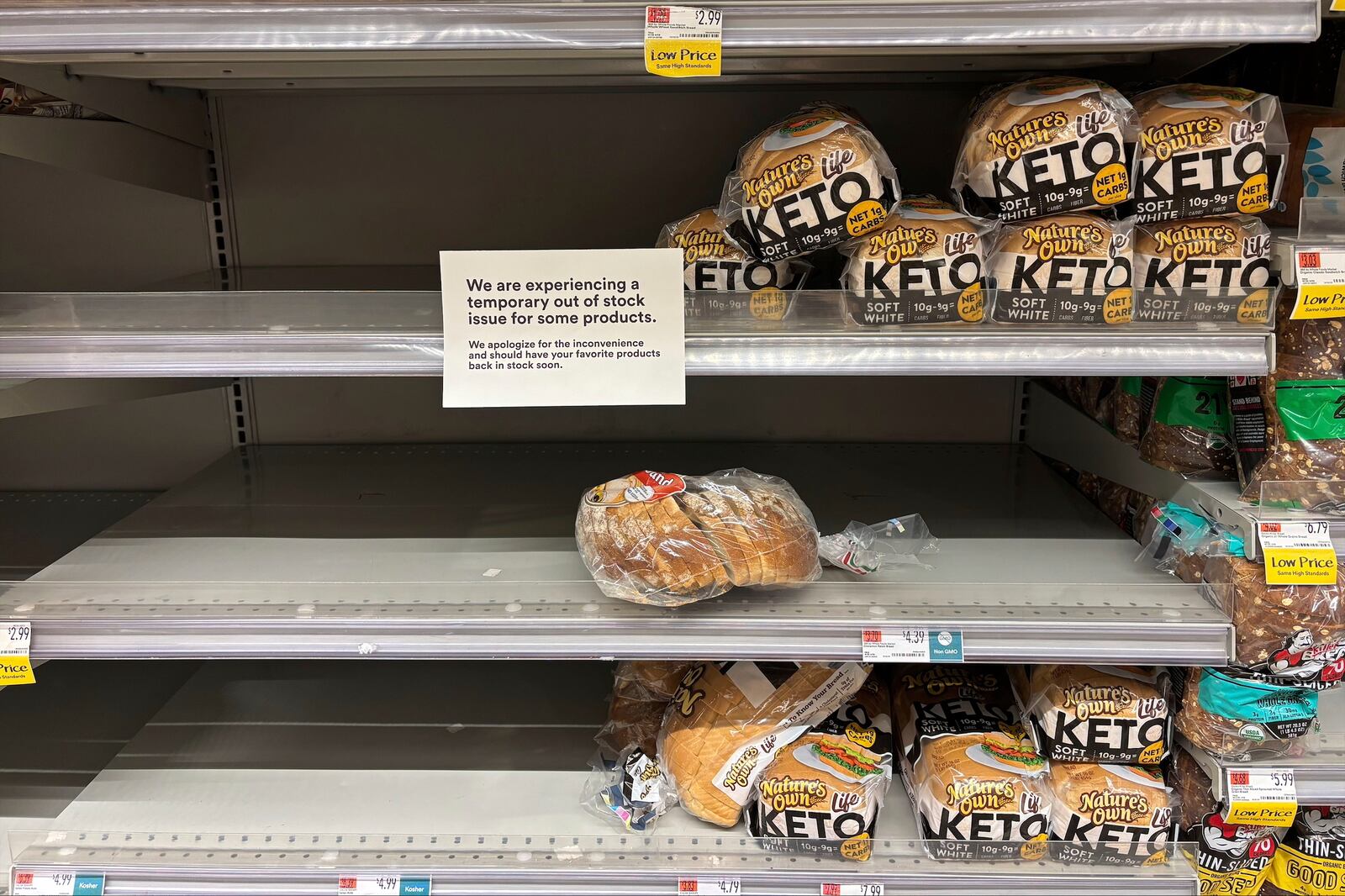 Some shelves at a Whole Foods in New York City sit emptier on June 10, 2025. (AP Photo/Wyatte Grantham-Phillips)