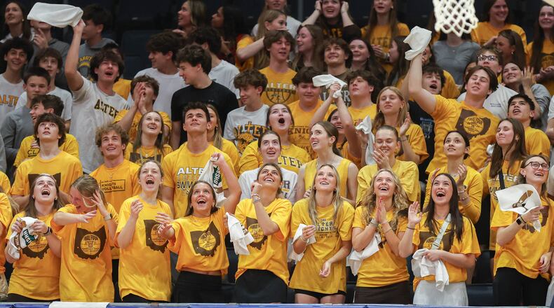 Alter students cheer during the Division IV state final on Friday at University of Dayton Arena. BRYANT BILLING / STAFF