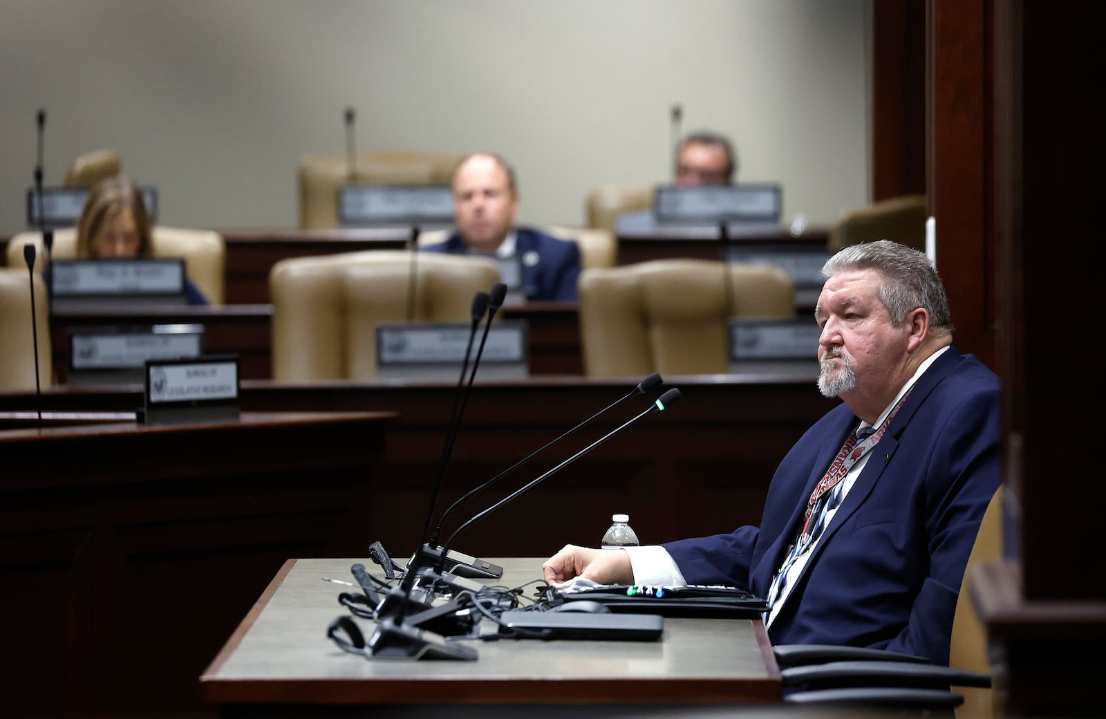 Thomas Hurst, North Central Unit Warden, answers questions about the escape of inmate Grant Hardin during a meeting of the Charitable, Penal, and Correctional Institutions Subcommittee of the Arkansas Legislative Council on Thursday, July 10, 2025, in Little Rock, Ark. (Thomas Metthe/Arkansas Democrat-Gazette via AP)