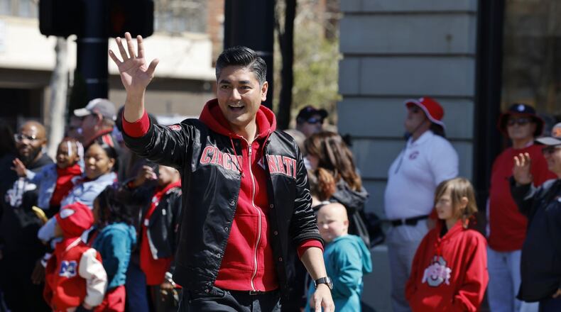 Cincinnati mayor Aftab Pureval greets the crowd during the Findlay Market Opening Day Parade Thursday, March 30, 2023 in Cincinnati. NICK GRAHAM/STAFF