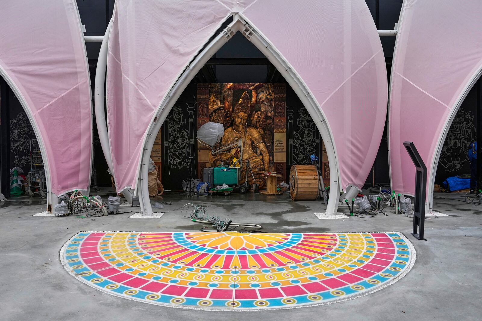India's pavilion is seen incomplete to open for the opening day of the Expo 2025 in Osaka, central Japan, Sunday, April 13, 2025. (AP Photo/Hiro Komae)