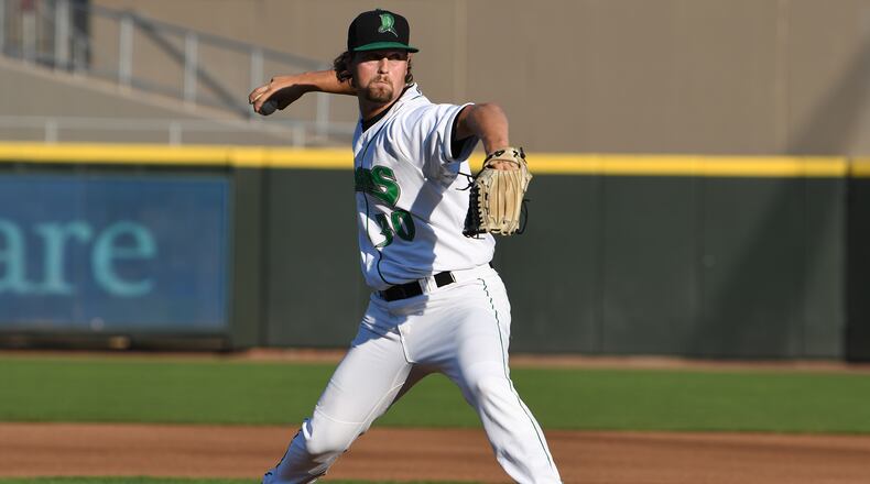 Patrick McGuff sends a pitch plateward during Wednesday night’s game at Fifth Third Field. Nick Falzerano/CONTRIBUTED