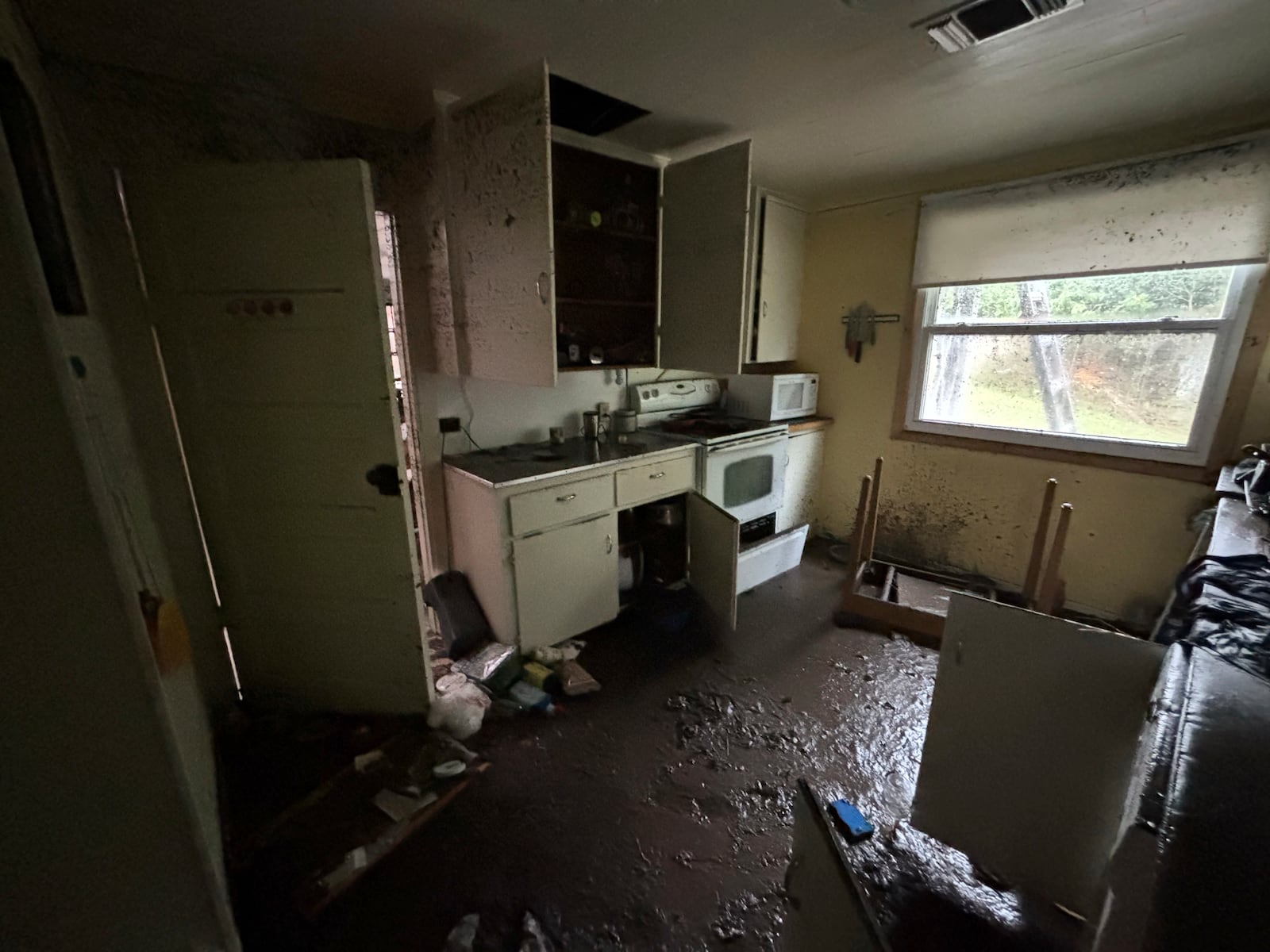Mud from floodwaters of the Guadalupe River pools in the kitchen of Alden Towler's cabin in Hunt, Texas, at 2:35 p.m. on Friday, July 4, 2025. (Alden Towler via AP)