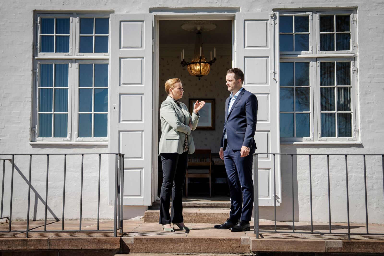 Denmark's Prime Minister Mette Frederiksen, left, and Greenland's Prime Minister Jens-Frederik Nielsen talk during thier a meeting at Marienborg in Kongens Lyngby, Denmark, Sunday, April 27, 2025. (Mads Claus Rasmussen/Ritzau Scanpix via AP)