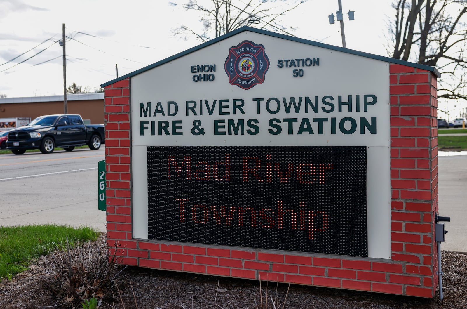 A truck drives past the Mad River Township Fire & EMS Station on Thursday, March 12, 2026, in Enon. JOSEPH COOKE/STAFF