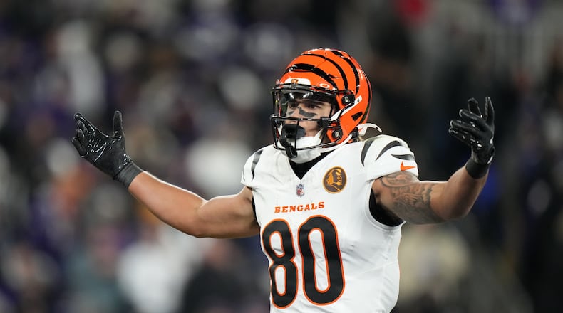 Cincinnati Bengals wide receiver Andrei Iosivas reacts after scoring a touchdown during the second half of an NFL football game against the Baltimore Ravens, Thursday, Nov. 27, 2025, in Baltimore. (AP Photo/Stephanie Scarbrough)