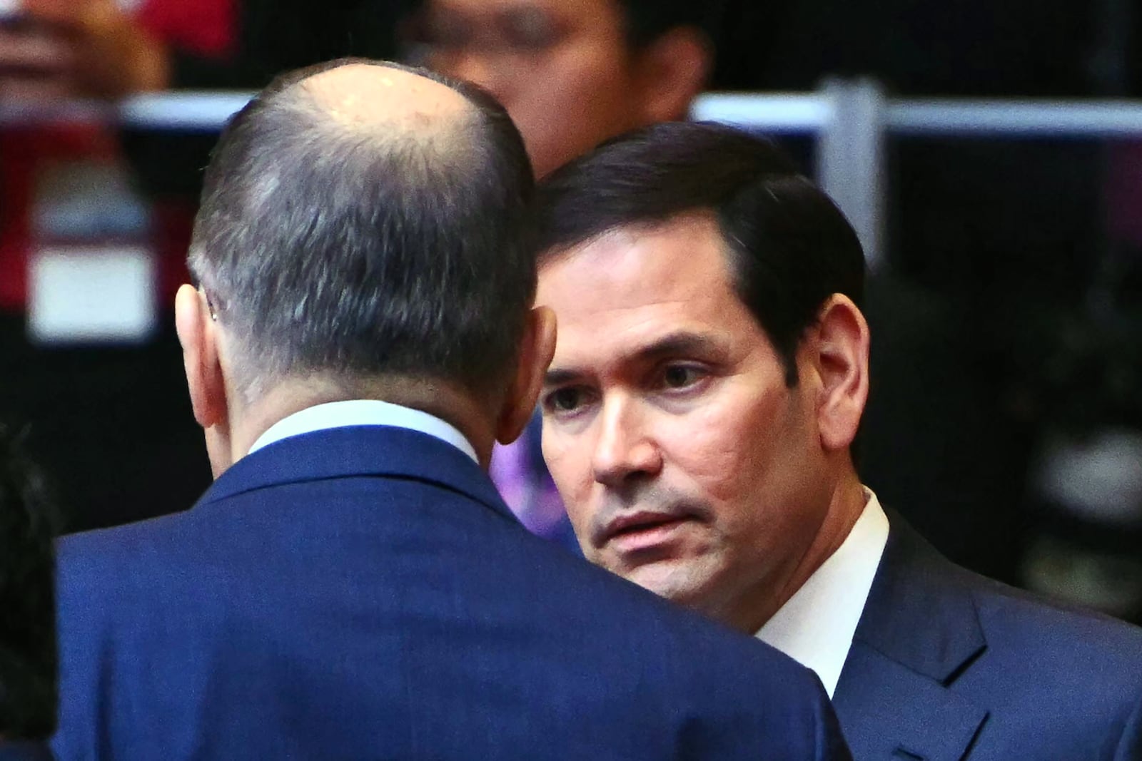 U.S. Secretary of State Marco Rubio, right, talks to Russia's Foreign Minister Sergey Lavrov at the 15th East Asia Summit Foreign Ministers' meeting during the 58th Association of Southeast Asian Nations (ASEAN) Foreign Ministers' meeting and related meetings at the Convention Centre in Kuala Lumpur Friday, July 11, 2025. (Mandel Ngan/Pool Photo via AP)