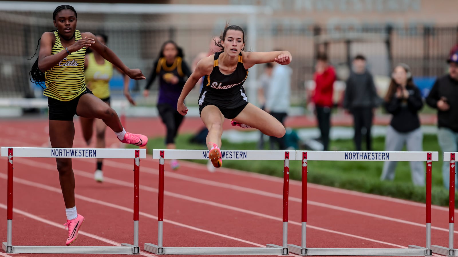 Shawnee High School's Addison Mattern competes in the 300 meter hurdles event at the Clark County Track and Field Championships on Monday, May 5 at Northwestern High School. MICHAEL COOPER/STAFF