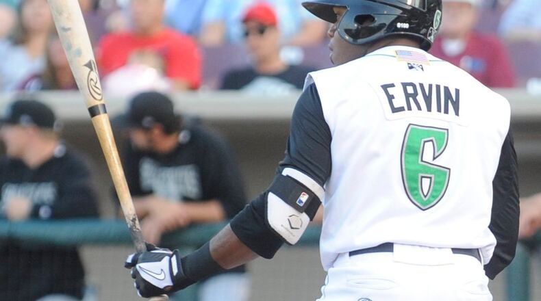 Dragons outfielder Phillip Ervin at bat against the South Bend Silver Hawks (Diamondbacks) at Dayton’s Fifth Third Field on Saturday, Aug. 2, 2014. MARC PENDLETON / STAFF