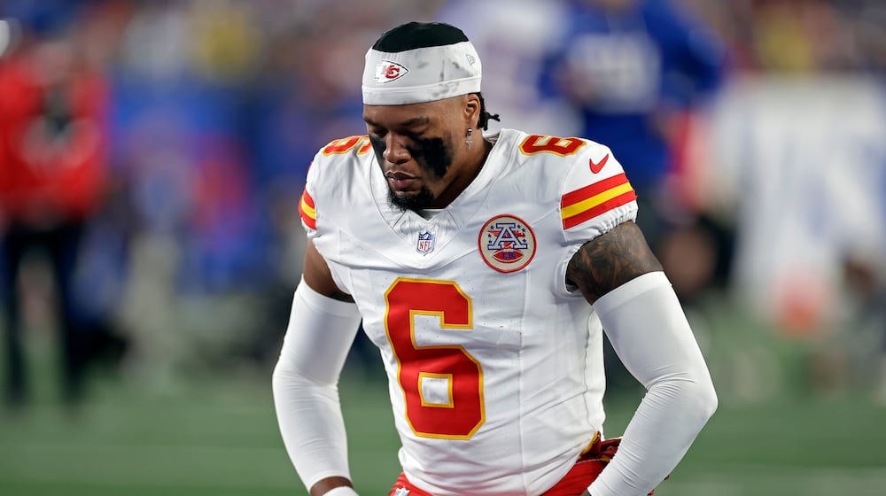 FILE - Kansas City Chiefs safety Bryan Cook (6) reacts before an NFL football game against the New York Giants, Sunday, Sept. 21, 2025, in East Rutherford, N.J. (AP Photo/Adam Hunger,File)