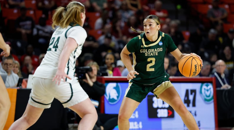 Colorado State guard Brooke Carlson (2) moves the ball down the court against Michigan State guard Amy Terrian (24) during the second half in the first round of the NCAA college basketball tournament Friday, March 20, 2026, Norman, Okla. (AP Photo/Alonzo Adams)