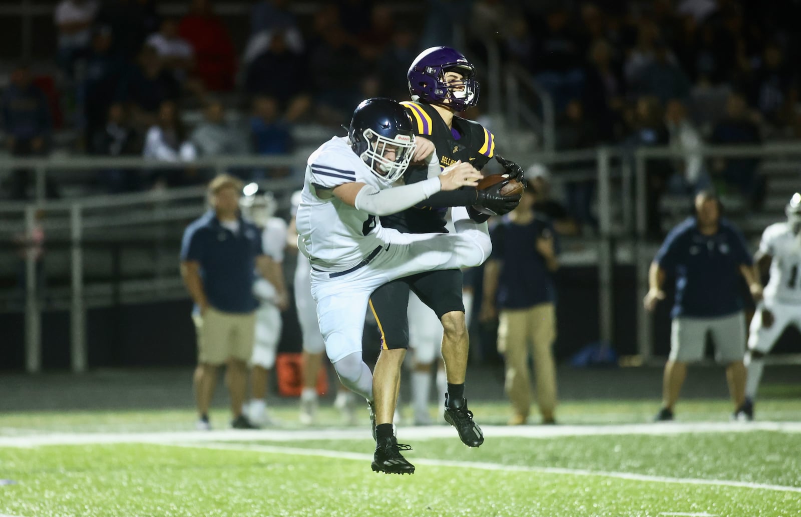 Bellbrook's Noah Barrios intercepts a pass against Valley View on Friday, Sept. 6, 2024, in Bellbrook. David Jablonski/Staff