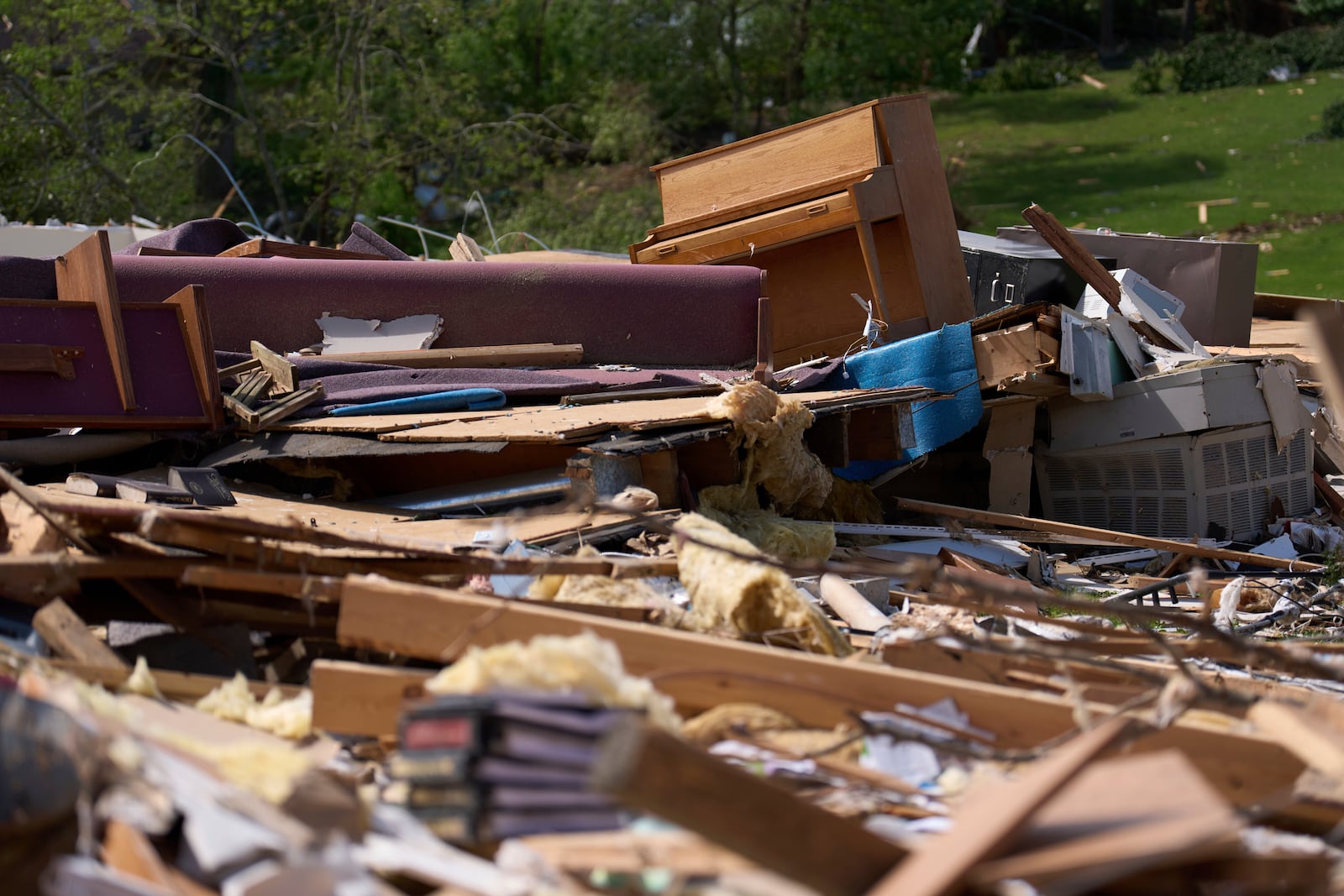 FILE - A piano rests atop what is left of the destroyed Sunshine Hill Baptist Church, May 18, 2025, in London, Ky., after a severe storm passed through the area. (AP Photo/Carolyn Kaster, File)