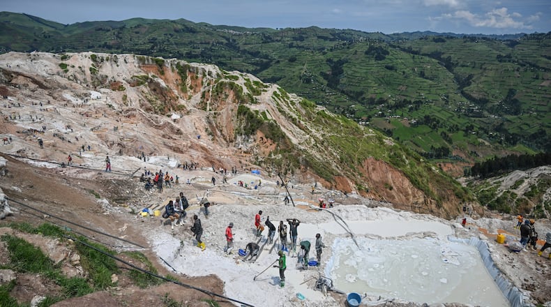 FILE - Miners work at the D4 Gakombe coltan mining quarry in Rubaya, Congo, May 9, 2025. (AP Photo/Moses Sawasawa, File)