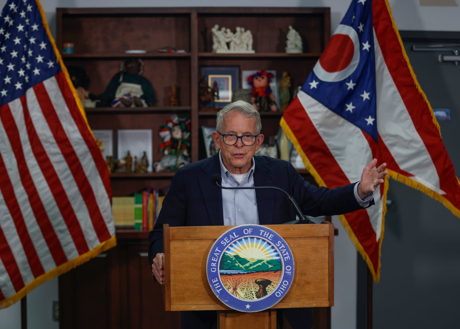 Gov. Mike DeWine speaks at a press conference about the current needs of Springfield on Friday, July 25, 2025, at St. Vincent de Paul. JOSEPH COOKE/STAFF 