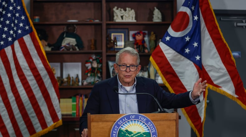 Gov. Mike DeWine speaks at a press conference about the current needs of Springfield on Friday, July 25, 2025, at St. Vincent de Paul. The governor and the rest of the Ohio Redistricting Commission will convene for the first time on Tuesday, Oct. 21 — just 10 days before an end-of-the-month deadline for the commission to pass a bipartisan congressional redistricting update. JOSEPH COOKE/STAFF