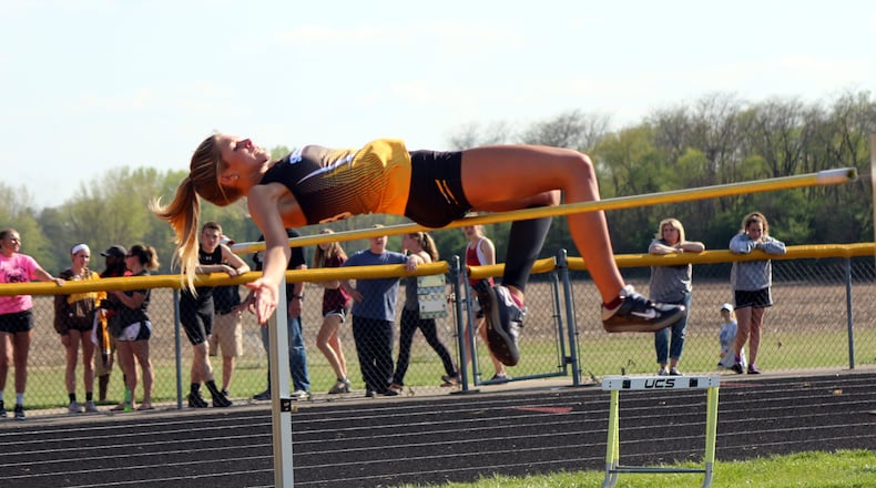 Shawnee junior Hannah Schartz just bumps the bar to miss on her final attempt at 5-2 in the high jump Tuesday at the Central Buckeye Conference championships. Schartz won her second straight CBC championship with a winning jump of 5-1. Greg Billing / Contributed