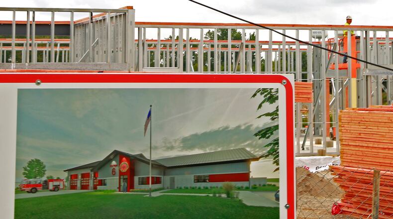 Some of the walls for the new Springfield Fire Station No. 6 have started going up Monday, July 29, 2024. The fire station, located on South Charleston Pike, is scheduled to be complete next year. It is the second of three fire stations the City of Springfield is building. The first opened in July on South Limestone Street and the third will be located on West North Street. BILL LACKEY/STAFF
