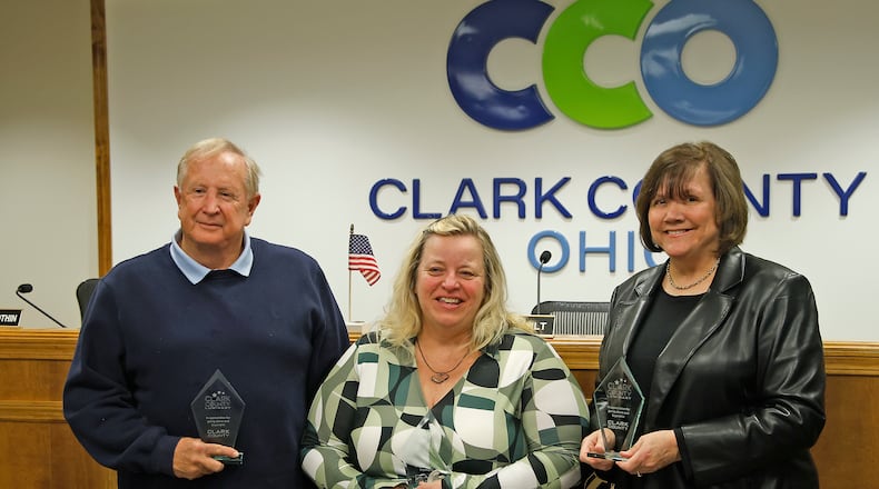 The Clark County Commissioners presented three Clark County residents with the annual Luminary Awards Wednesday, Jan. 10, 2024 during the weekly commission meeting. The award winners are, from left, Michael Stafford, Julie Driskill and Bonita Heeg. BILL LACKEY/STAFF