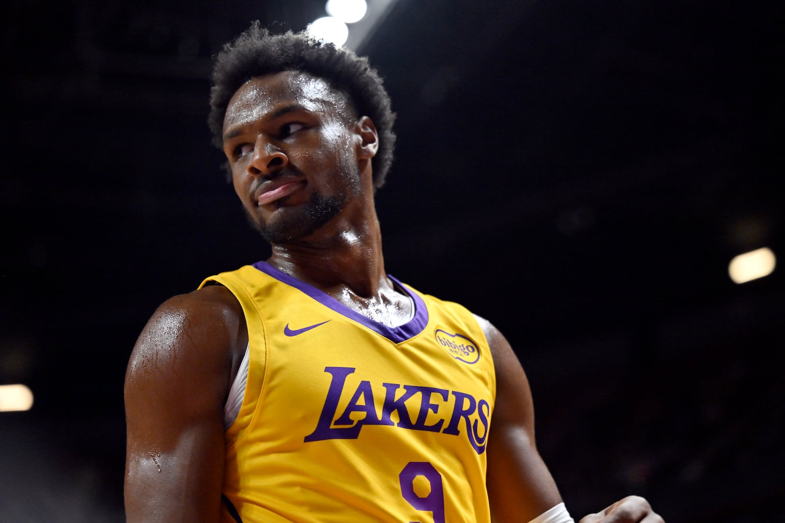 Los Angeles Lakers guard Bronny James (9) looks on during the first half of an NBA summer league basketball game against the Dallas Mavericks, Thursday, July 10, 2025, in Las Vegas. (AP Photo/David Becker)